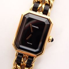 美品 電池交換済 CHANEL(シャネル) プルミエールL H0001 GP/革 QZ クオーツ レザー 金メッキ スイス製 レディース ブラック文字盤