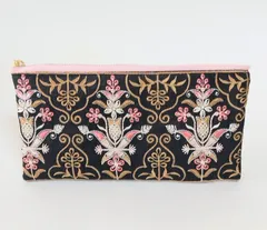 ペンケース／インド刺繍リボン／ポーチ／ブラック／花柄／プレゼント／ギフト