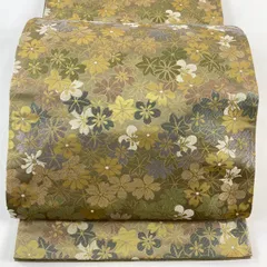 【美品】 袋帯 名品 箔屋清兵衛 落款 草花 箔 草木染 薄黄土色 六通 正絹 【中古】