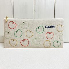 《送料無料》ペンケース【カラフルりんご】　刺し子・綿麻・コットン