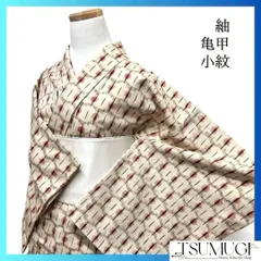 小紋　紬　単衣　亀甲　縦縞　抽象模様　ベージュ　着物　093a d