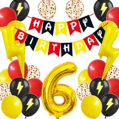新品 Lausatek バルーン 誕生日 6歳 風船セット HAPPY BIRTHDAY バースデー ガーランド バースデー 飾り付け 数字 イナズマ かみなり 雷 稲妻 装飾 お祝い イベント 子ども 男の子 女の子 ブラック レッド 黄色