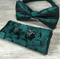 格安　3点セット 蝶ネクタイ　カフスチーフ ポケットチーフ 結婚式　発表会　卒業式　入学式　入社式　イベント パーティー ダンスパーティー バーテンダー　ワンタッチ グリーン 緑 ペイズリー柄 スーツ ワイシャツ　メンズネクタイ チーフ カフス 3点 セット