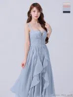 ブルー[OF2] [DE3927-NV-2504]Lサイズあり【DEA./ディア】サテン/ フリル/ バストジップ/ フレア/ ロング/ ワンピース/ ミモレ丈/ ミディアムドレス/ キャバドレス long