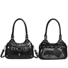 [ハルジオ] 痛バに見えない 痛バッグ ショルダー 痛バ 小さめ 痛バック ミニ ショルダーバッグ ハンドバッグ トートバッグ レディース バッグ 2WAY 地雷系 ゴスロリ Y2K 推し活バッグ 可愛い 肩掛け トート 鞄 黒 銀色 推し活 推 [ブラック]