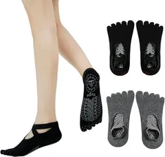 TOPIKE ピラティス 靴下ヨガソックス 5本指 滑り止め レディース 通気性 耐久性 抗菌 防臭 冷房/汗対策 バレエ スポーツ ウェア(ブラック/ダークグレー,  22.5-25.0 cm)