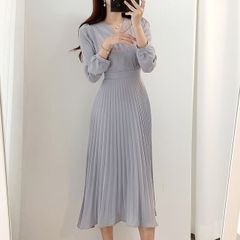 クロスVネックプリーツ ドレス エレガント韓国風 ブルーグレー  ワンサイズ