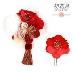 髪飾り 成人式 水引 つまみ細工 赤 振袖 袴 花 2点セット 花 白 ゴールド マルチカラー ちりめん 房付き 和柄 大きい かんざし No.8-2682