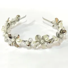 卒業式　髪飾り　パールとフラワーのカチューシャ　シルバー　成人式髪飾り　水引き髪飾り　卒業式　紐アレンジ　結婚式髪飾り　ウェディング髪飾り　和装　袴　ヘッドドレス　前撮り　後撮り　成人式