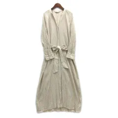 ザラ ZARA シアサッカー ストライプ スキッパー ロング シャツ ワンピース 長袖 ベージュ M 9479/061/711