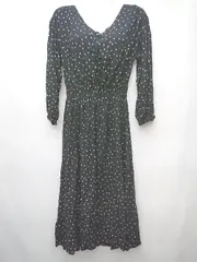 ◇ natural couture Vネック ドット 水玉 七分袖 膝下丈 ワンピース サイズF ブラック ホワイト レディース P  【1408200006997】