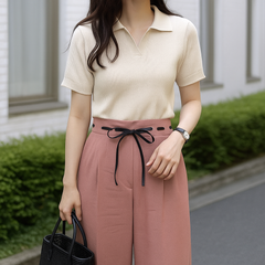 ＼大人可愛いが叶う×上品カジュアル🎀／ ココディール＊ウエストリボン＊ワイドパンツ＊くすみピンク ＊Mサイズ相当✨