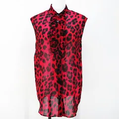 モスキーノ MOSCHINO 豹柄 ノースリーブ シャツ ブラウス レオパード柄 フリル 40 レッド 赤 透け感 のサムネイル