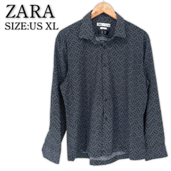 美品 ZARA SLIM FIT 長袖シャツ US XL 幾何学模様 ネイビー メンズ 古着 ボタンシャツ プリントシャツ 大きいサイズ 大きめ