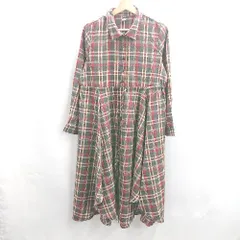 ◇ Θ DAZY チェック柄 長袖 ロング ワンピース サイズL レッド グレー レディース E  【1412260030274】