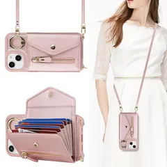 【Hamany】 iphone15 ケース ショルダー カード収納 アイフォン15 ケース 大容量 いphone15 ケース リング付き 耐衝撃 全面保護 スタンド機能 スマホケース iphone 15 肩掛け 斜めかけ カバー -Hamany-ローズゴー