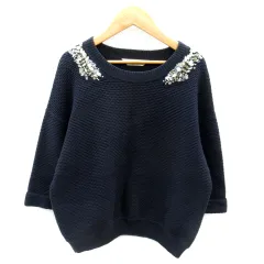 トラッゾドンナ Torrazzo Donna ニット カットソー 七分袖 ラウンドネック ビジュー装飾 ロールアップ 紺 ネイビー /SY21