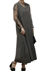 [MORE AUNI] パーティー ドレス 結婚式 レース コンビネーション メローロング ドレス ワンピース 2次会 1.5次会 お呼ばれ フォーマルドレス 春 夏 服 秋 冬 大人 オトナ キレイメ カワイイ 可 [ダークグレー / 300036] [M]