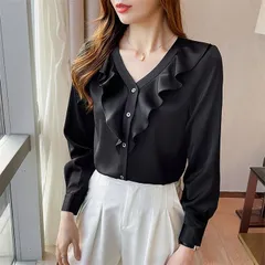 ブラウス フリル レディース 長袖 シャツ vネック カジュアル 韓国風 上品 オシャレ オフィス きれいめ トップス ゆったり 通勤skwxlj06