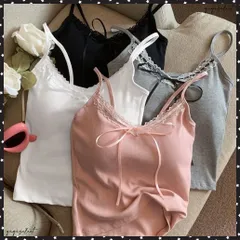  カップ付きキャミソールレーストリムキャミ レディース フロントリボンリブキャミ 着回し肌着 フィット ブラトップ おしゃれインナートップス フェミニン ブラキャミ 見せインナー重ね着 大人可愛いキャミ夏 韓国風キャミトップ