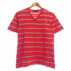 バーバリーブラックレーベル BURBERRY BLACK LABEL Tシャツ カットソー 半袖 Vネック コットン ボーダー ロゴ 2 赤 レッド トップス /YA