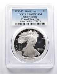 ミントエラー PR69 Cam 1993-P アメリカンシルバーイーグル フィンリム OBV PCGS 