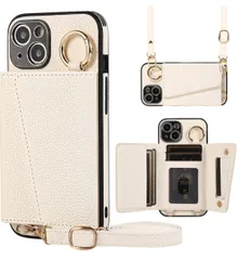 ★TENSIK iPhone 15 用の ケース 手帳型 肩掛け アイフォン15 用の ショルダー スマホケース いphone15 用の カバー PUレザー 首掛け 斜めかけ マグネット式 ICカード収納 鏡付き 写真入りポケット  携帯ケース ホワイト