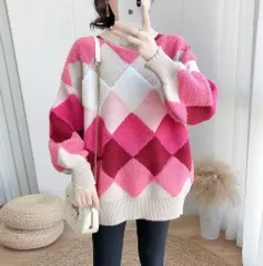 【ピンク色★2ＸＬサイズ】長袖 ニット セーター ダイヤ 柄　秋冬　大きいサイズ　Ａライン　体型カバー  ゆったり　大きめ