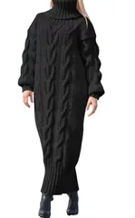 【ブラック】ワンピース ケーブルニット タートルネック 長袖 ロング 暖かい 秋冬 体型カバー おしゃれ