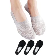 Free Size_ブラック3足セット [Lino Ulu] 3足セット フットカバー 脱げない レディース 滑り止め付き 靴下 おしゃれ レース パンプス くるぶし ソックス (ブラック3足セット)