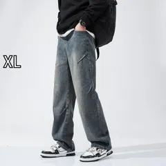 [XL]メンズ ファッション 服 男性用 オシャレ シンプル 大人 かっこいい ストリート アメリカン ダメージ ストレート ジーンズ ゆったり ワイド レッグ パンツ