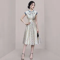 ワンピース ひざ丈 Aライン ノースリーブ 夏 レディース ドレス パーティードレス ブルードット 韓国 お洒落 0426
