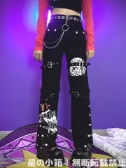 新品 未使用 Y2Kミレニアル辣妹スタイル 暗黒パンク ブラックデニムパンツ 個性派デザイン ストリート系 ロングパンツ バックル装飾 撮影会 舞台衣装 おしゃれシルエット イベント用にも最適