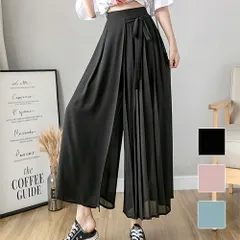 腰リボンシフォンパンツ レディース ボトム ワイドパンツ 春 夏服 韓国ファッション 10代 20代 30代 オフィスカジュアル 半端丈 ロング プリーツ シアー リボン