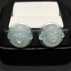 本翡翠　ミャンマー産　高品質　氷種　彫刻　ルース　ペア　greenish white　潤い　高透明　笑門来福　希少　1点物　原産国鑑別書付き
