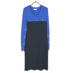 Calvin Klein(カルバ・ンクライン) レディース 春 秋 ゴールド バイカラー ニットワンピース 青 ( HU40555 )