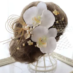 胡蝶蘭   パールとビジューと金の葉の髪飾り  結婚式 卒業式 成人式 七五三