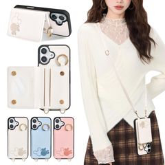 【在庫処分】16 ケース iphone ショルダーストラップ付き 斜めがけ 首掛け 肩掛け 可愛い キャラクター ねずみ アイフォン 16 スマホケース 背面 磁気 カードケース lamawin 【カード収納3枚】 鏡付き 対応 iPhone16 ケース PU