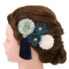 髪飾り 成人式 振袖 浴衣 卒業式 袴 結婚式 3点セット 青緑 白 花 和 洋 かんざし 手作り 簪 つまみ細工 ちりめんフォーマル 花飾り 玉飾り ブライダル W28 303-230 青緑 白 p844　Si