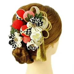 髪飾り 成人式 つまみ細工 赤 振袖 前撮り 袴 浴衣 夏祭り 花火大会 豪華2点セット ピンク 白 ゴールド ちりめん 玉飾り 組紐 No.9-3568