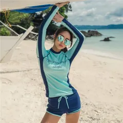 スポーツ 水着 長袖ラッシュガード 体型カバー レディース ショートパンツ フィットネス水着 2点セット セパレート 人気 ママ水着