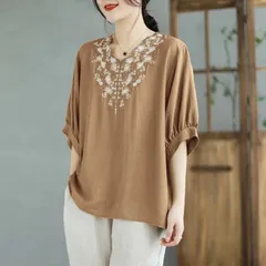 ブラウス 五分袖 レディース 夏 チュニック 花柄 半袖 トップス プルオーバー Vネック 花柄刺? Tシャツ  エスニック風 トップス 森ガール 大きいサイズ  ゆったり 爽やか ナチュラル きれいめ リゾート 旅行  shmf01