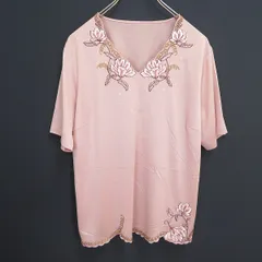 #s ラピーヌルージュ LAPINE ROUGE Tシャツ 15号 ピンク 半袖 カットソー 大きいサイズ 花刺繍 Vネック 日本製 美品 952681 k01のサムネイル