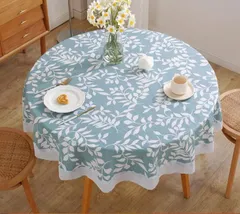 テーブルクロス　円形　150㎝　撥水　PVC　ブルー　レース縁取り　丸テーブル