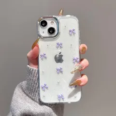 QLTYPRI iPhone14 ケース iPhone13 ケース クリア パープル ミニリボン おしゃれ 韓国 透明 可愛い 耐衝撃 スマホケース 立体 りぼん装飾 きらきら アイフォン13/14 カバー、パープル 0