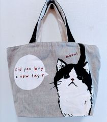 【猫ミニトートバッグ】帆布よこミニトート（ハチワレ猫）灰色