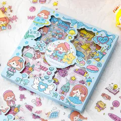 【迅速発送】シール 手帳シール かわいい 100枚 ギフトボックス付き 手帳 ステッカー コラージュ素材 ステッカーセット DIY 手作り 日記 カレンダー ノート 家計簿 絶妙なギフトボックス付き コラージュ 素材 大量 装飾用 可愛い少女/可愛い熊 (日常