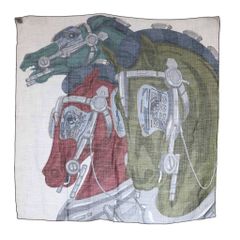 【中古】エルメス HERMES カレH100 HORSE REALITY カシミヤスカーフ 馬柄 総柄 カーキ 赤 レッド マルチカラー エルメス HERMES カレH100 HORSE REALITY カシミヤスカーフ 馬柄 総柄