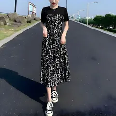 ワンピース 即購入OK レディース 花柄 夏 半袖 重ね着風 ロング丈 切り替え 異素材 シフォン クルーネック 通勤 通学 普段着 カジュアル Aライン