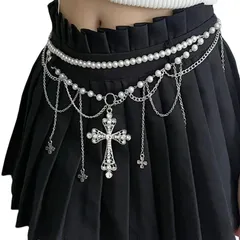 【レトロゴシック】チェーンベルト クロス&フリンジ腰飾り パール腰飾り 地雷系 神聖クロス  コスプレ ロリター